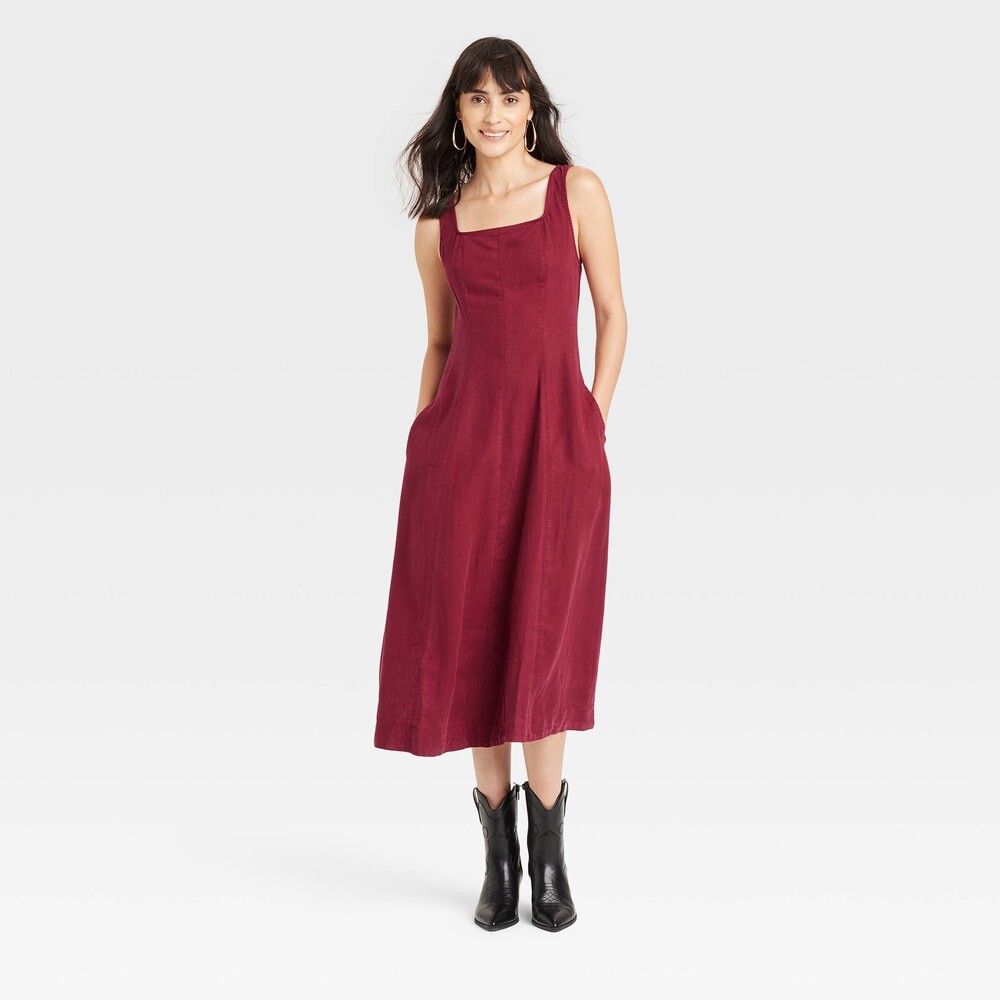 Fit & Flare Midi A-Line Dress - Red L